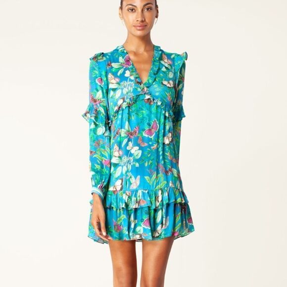 GRACE DRESS BY HALE BOB Floral Butterfly Teal Dress Size L - Picture 1 of 8